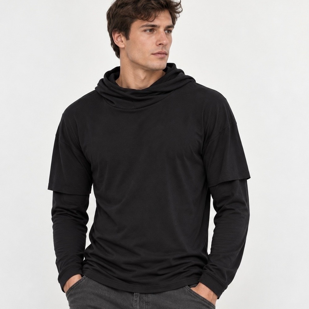ALO Yoga Men's "2 In 1 Pullover" Hoodie Runner Black Triumph Double Sleeve S EUC